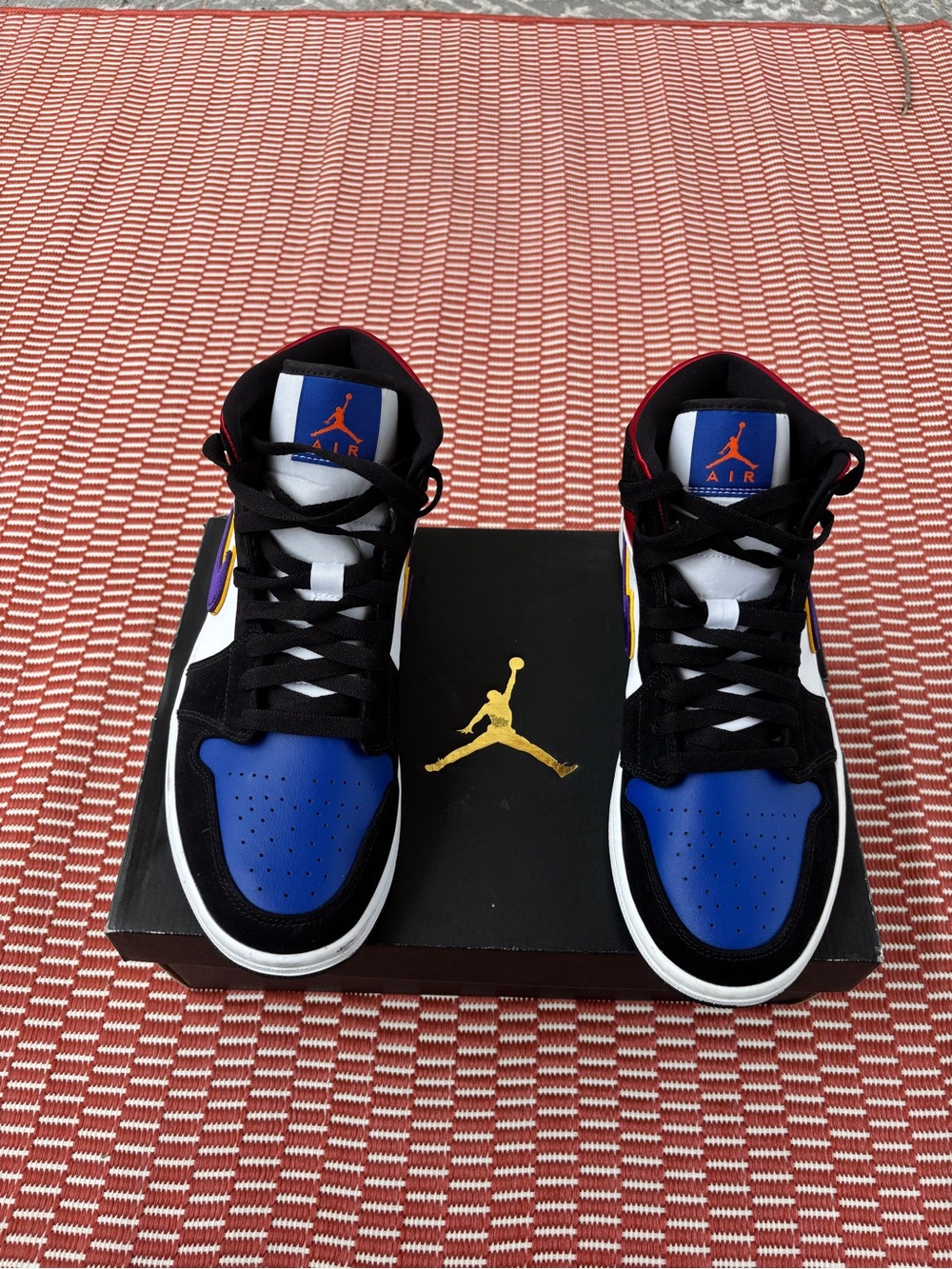 Jordan Mid Sneakers - Black, Blue, White with Purple & Red Highlights